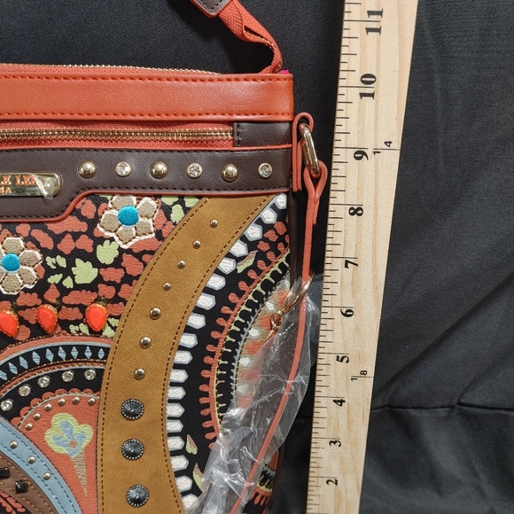Nicole Lee Artistic Crossbody Bag with Orange and Brown Accents - Picture 14 of 16